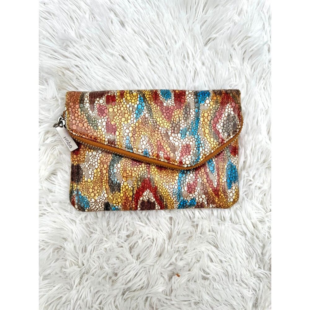 HOBO Leather Foldover Clutch Wallet Multicolor Mosaic Print